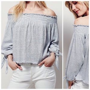Free People Lexington Off Shoulder Top Loose Smocked Summer Blouse Size XS
